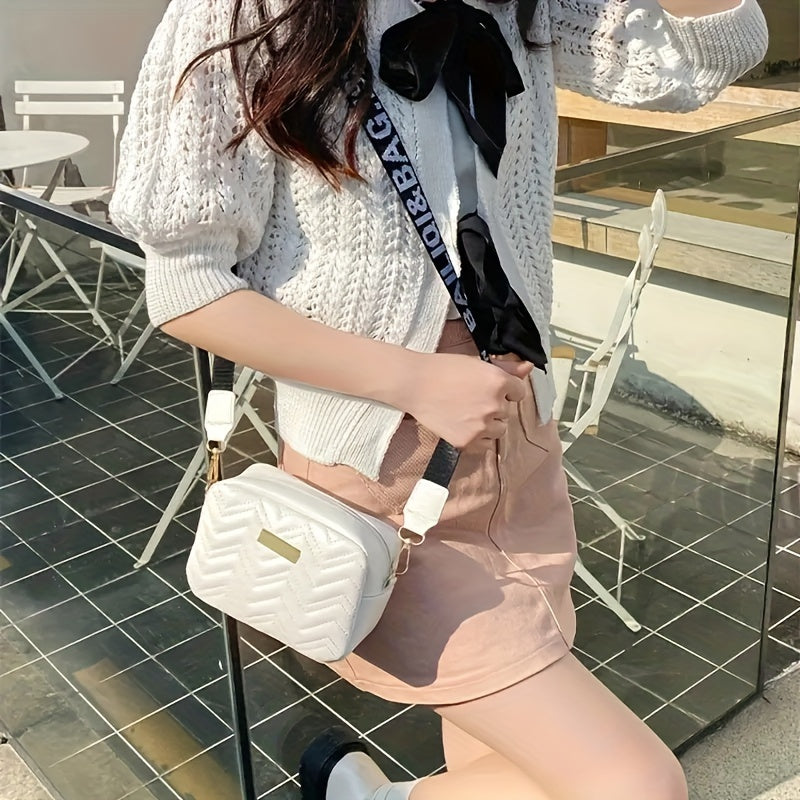 Women's Crossbody Bag Faux Leather Stain-Resistant Zippered Camera Style in Black White Khaki