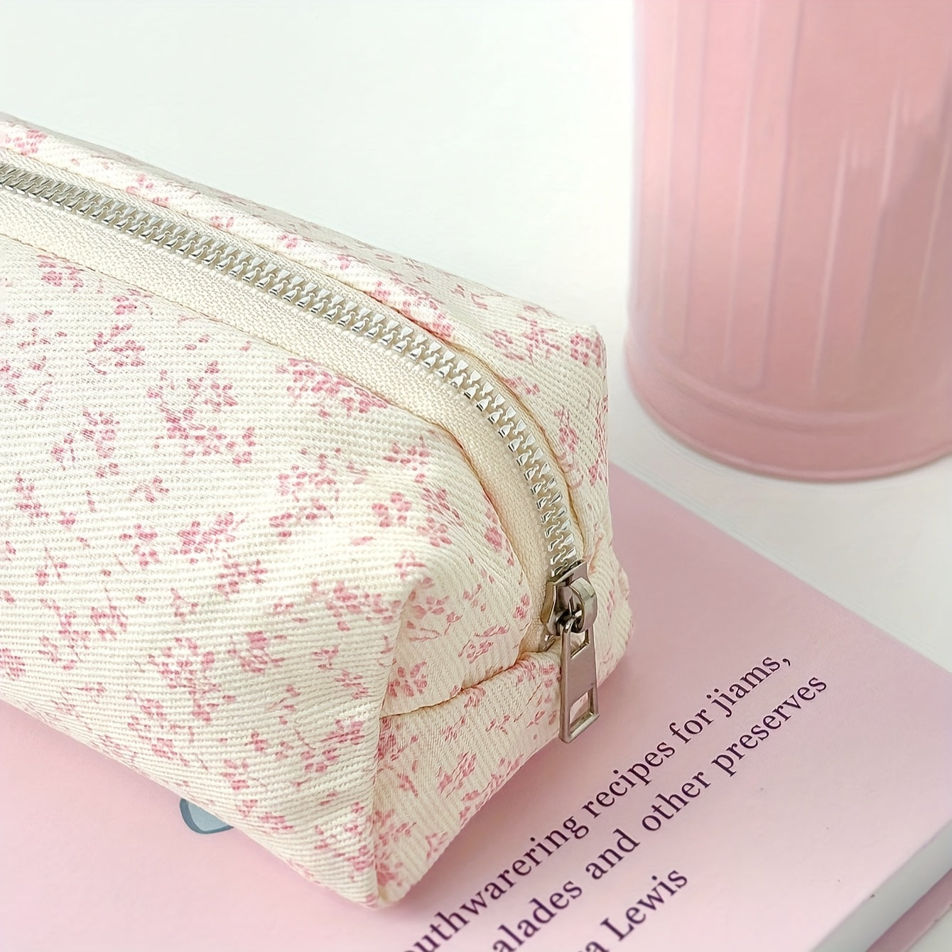 Canvas Floral Print Pencil Case with Zipper for Students and Office Organization