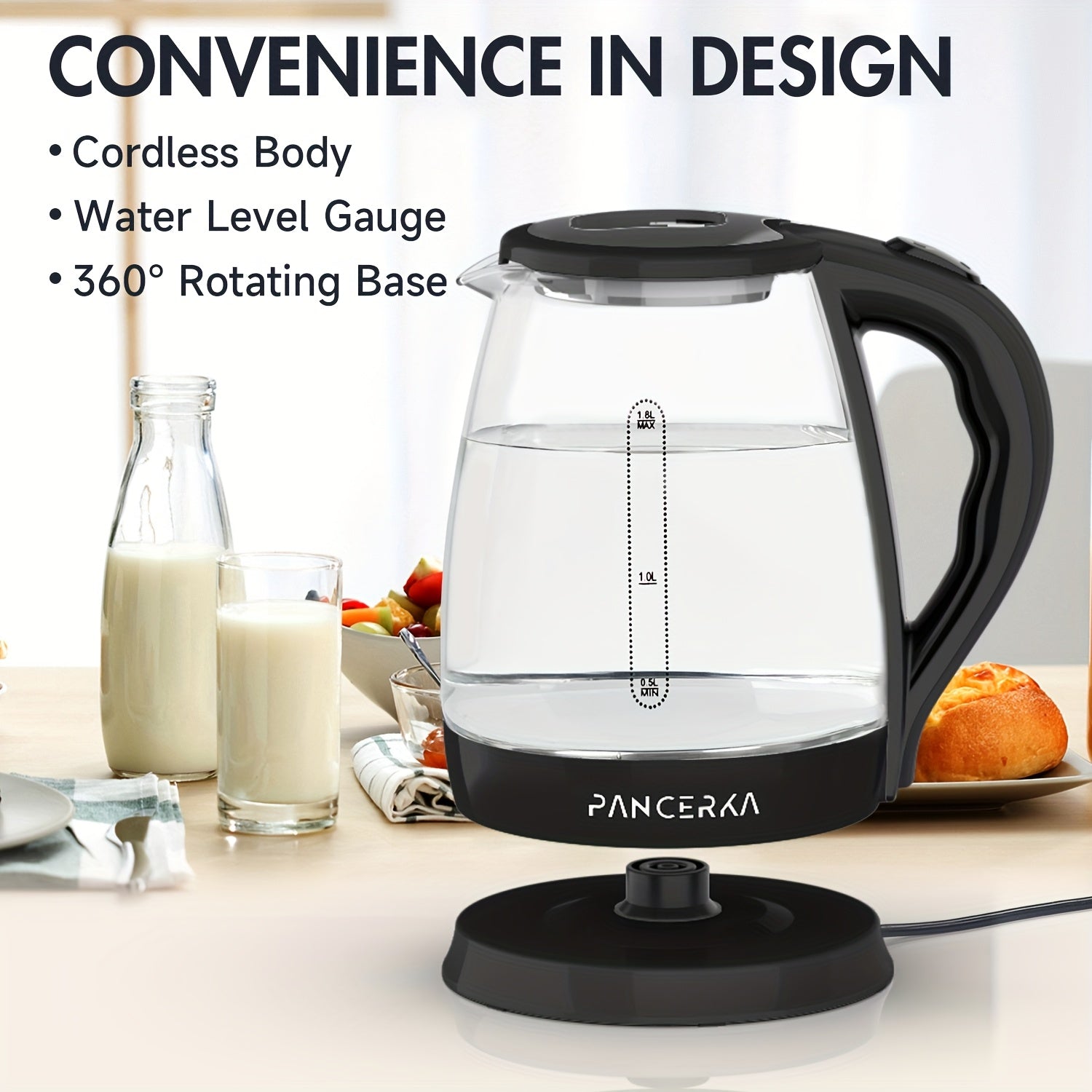 Electric Kettle 1.8L Borosilicate Glass 1500W Auto Shutoff Boil-Dry Protection