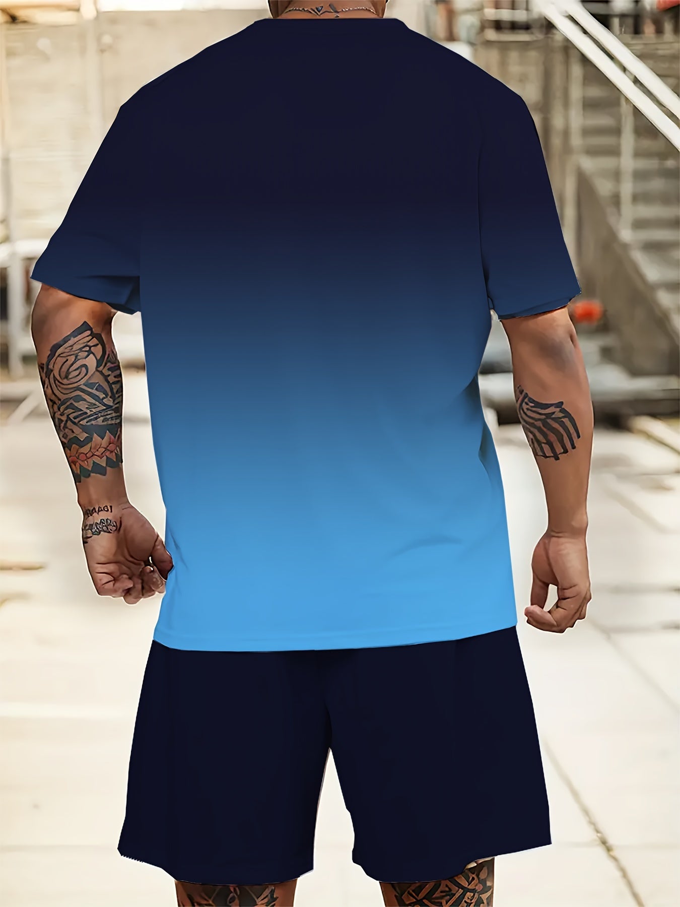 Plus Size Men's Gradient Color Print T-Shirt and Shorts Set Summer Casual