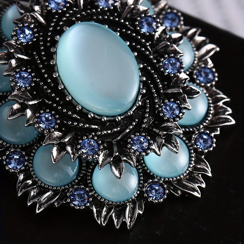 Vintage Flower-Shaped Brooch with Blue Cat Eye Pearls and Rhinestones for Women and Men