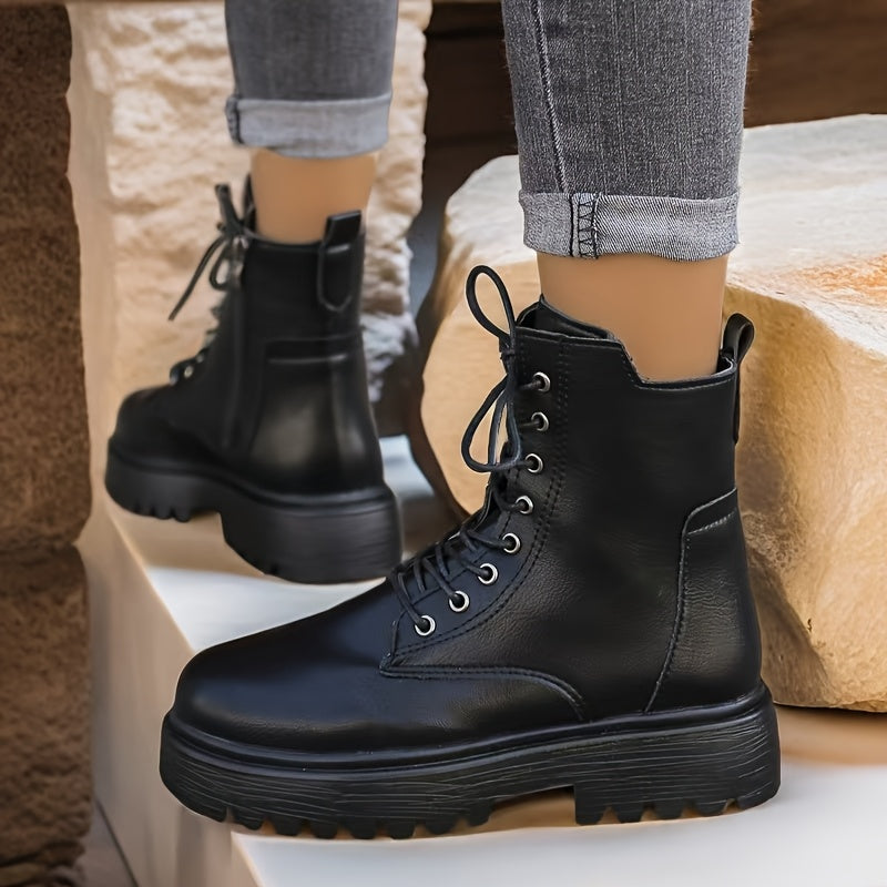 Women's Ankle Boots Faux Cover Lace-Up Platform Shoes Black All-Season