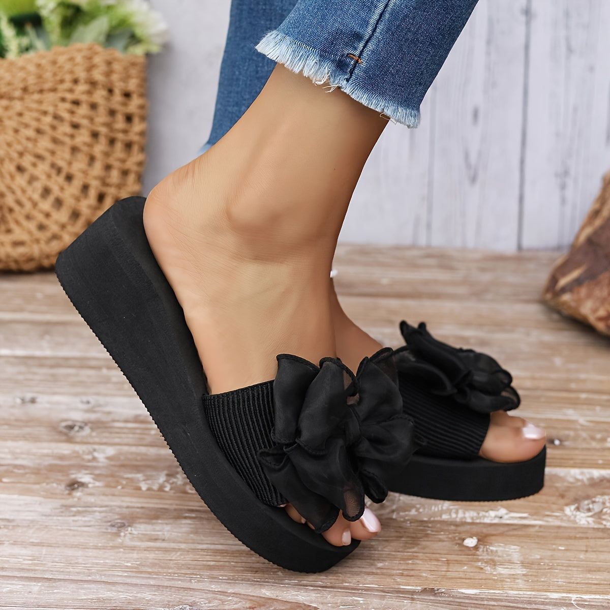 Women's Floral Wedge Slide Sandals Open Toe Casual Beach Fabric