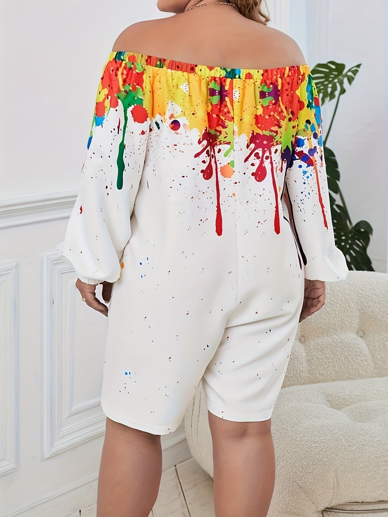 Women's Plus Size Splash Ink Print Off Shoulder Romper Long Sleeve Casual Clothing