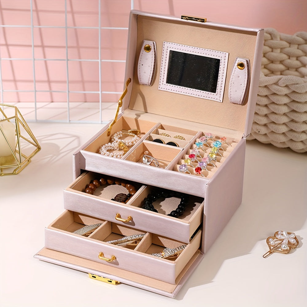 Faux Leather Jewelry Organizer with Lock for Rings Earrings Bracelets Watches Storage Gift