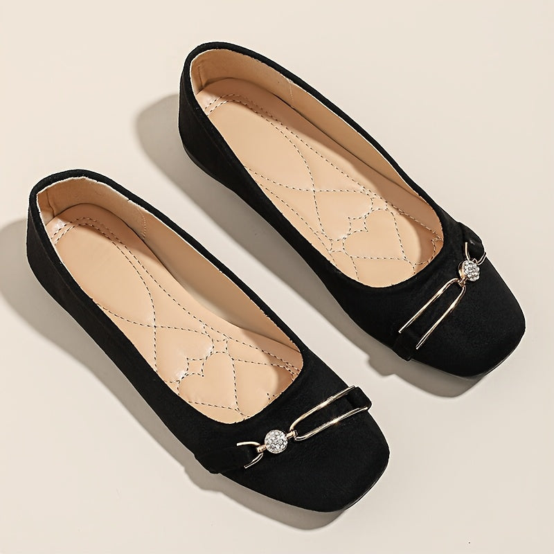 Women’s Black Slip-On Flats with Metallic Buckle, Comfort Fabric, Rubber Sole
