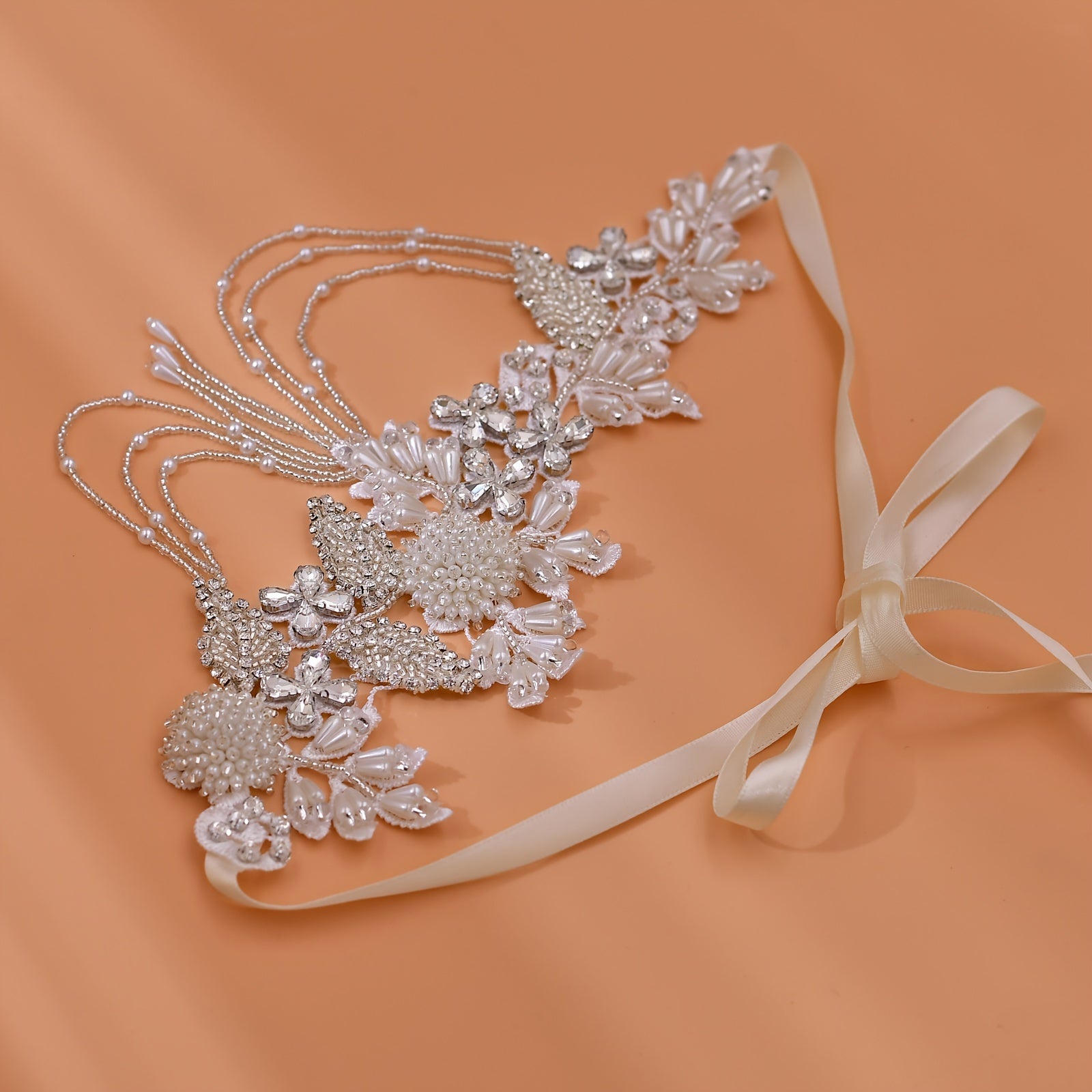 Bridal Satin Ribbon Belt with Rhinestone Waistband and Tassel Beads