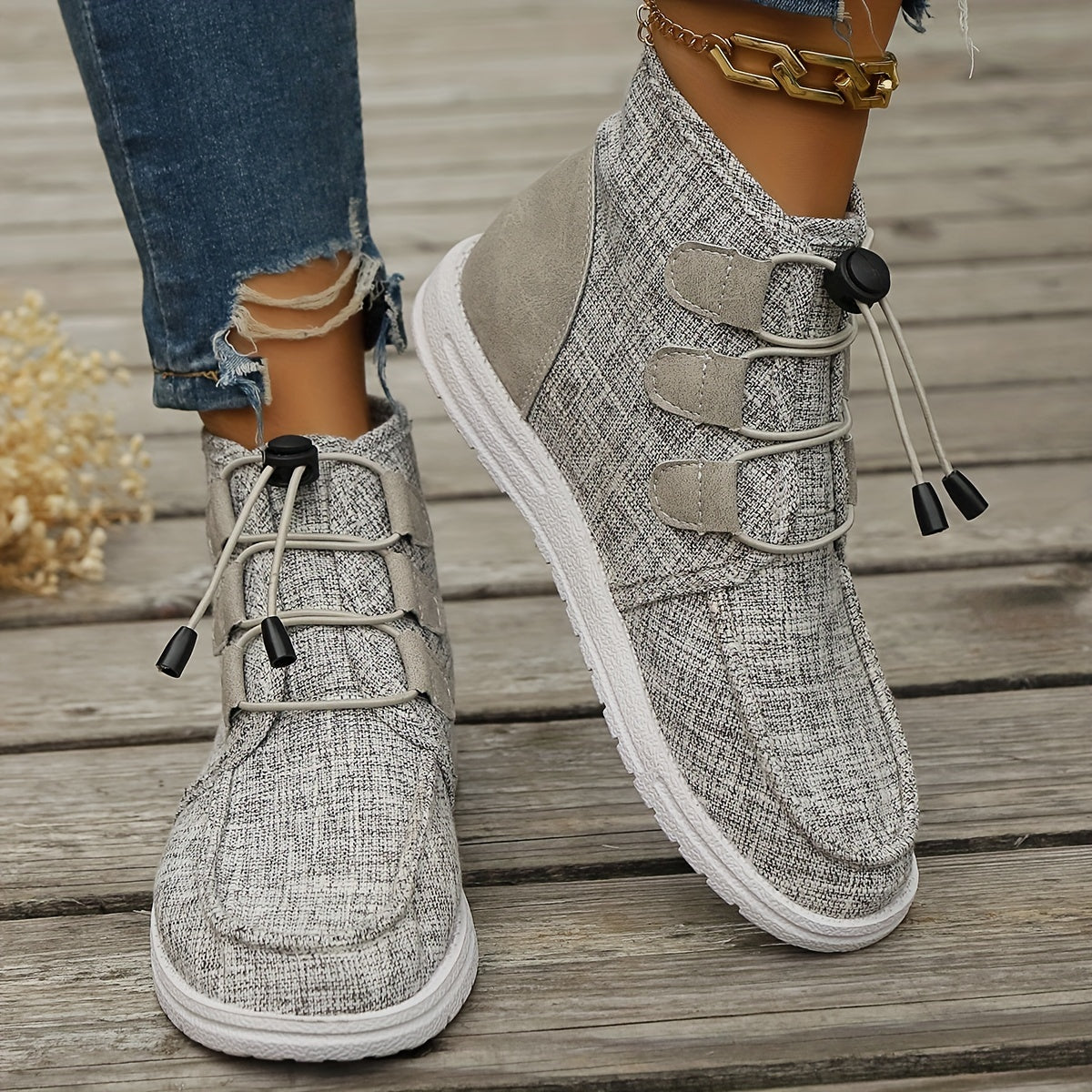 Women's Casual High-Top Sneakers Breathable Fabric Rubber Sole Beige All-Season