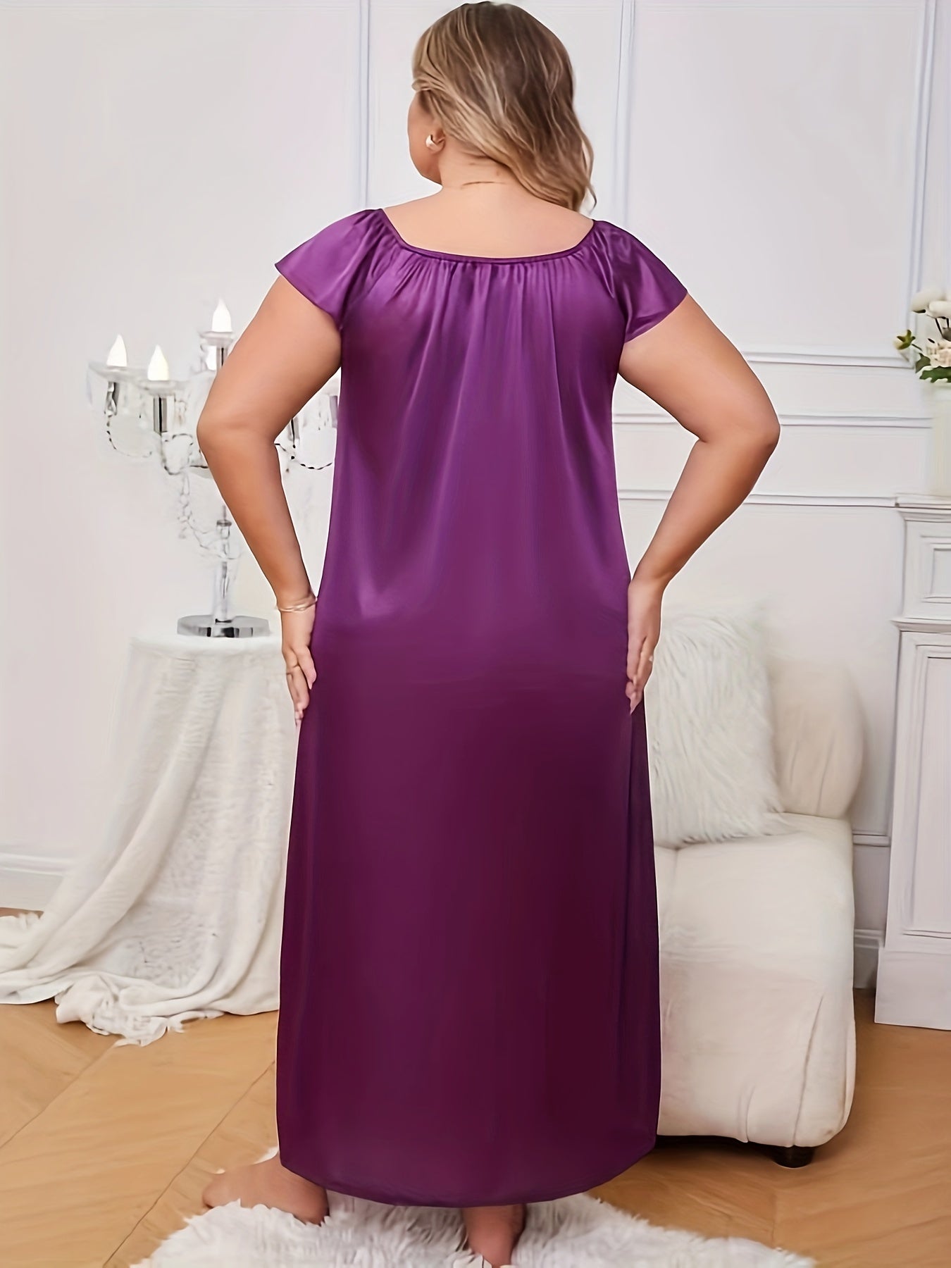 Women's Plus Size Sleep Dress with Lace Ruffle Trim and Bow Decor