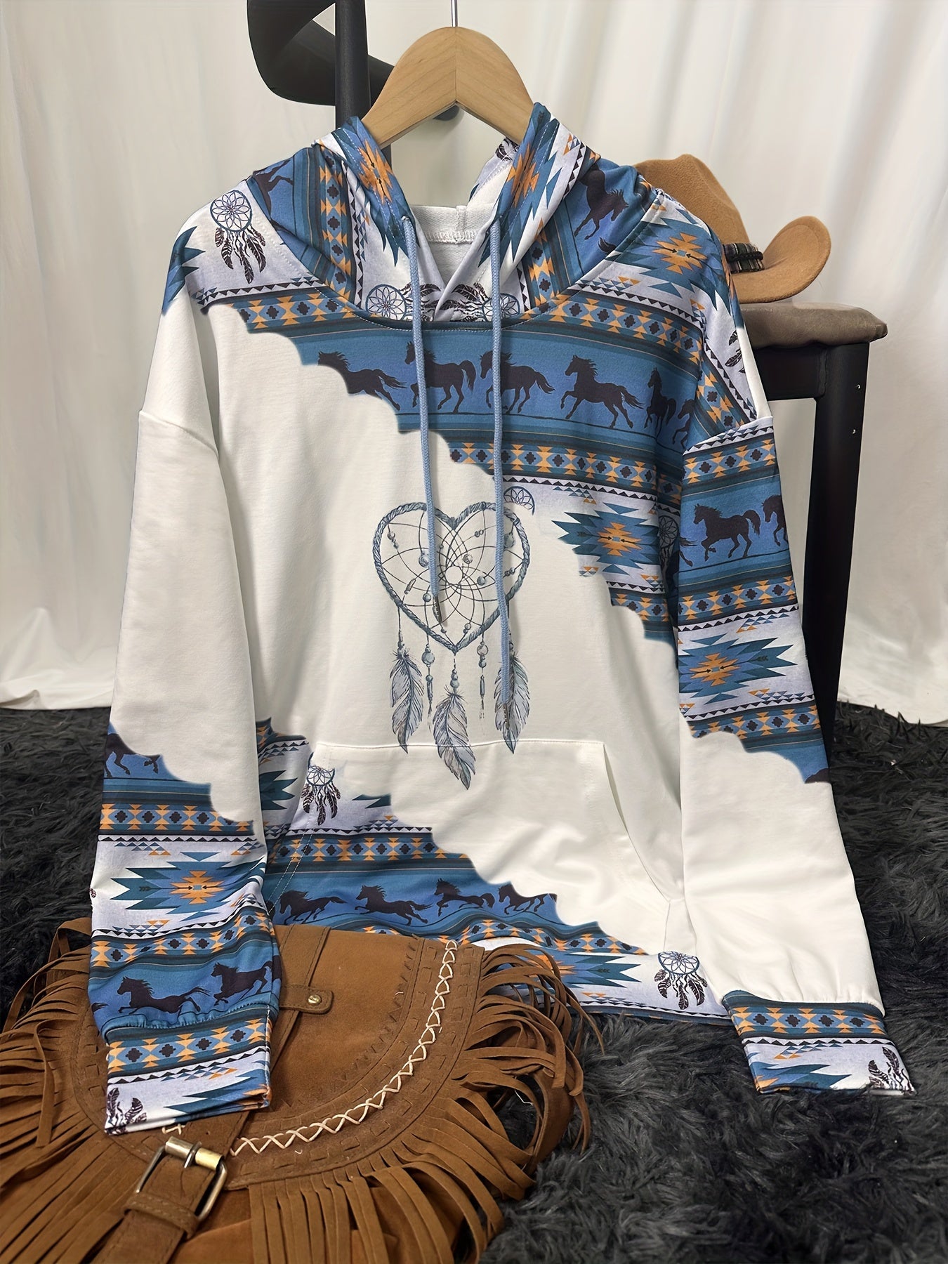 Women's Ethnic Print Hooded Sweatshirt with Knit Fabric and Drawstring