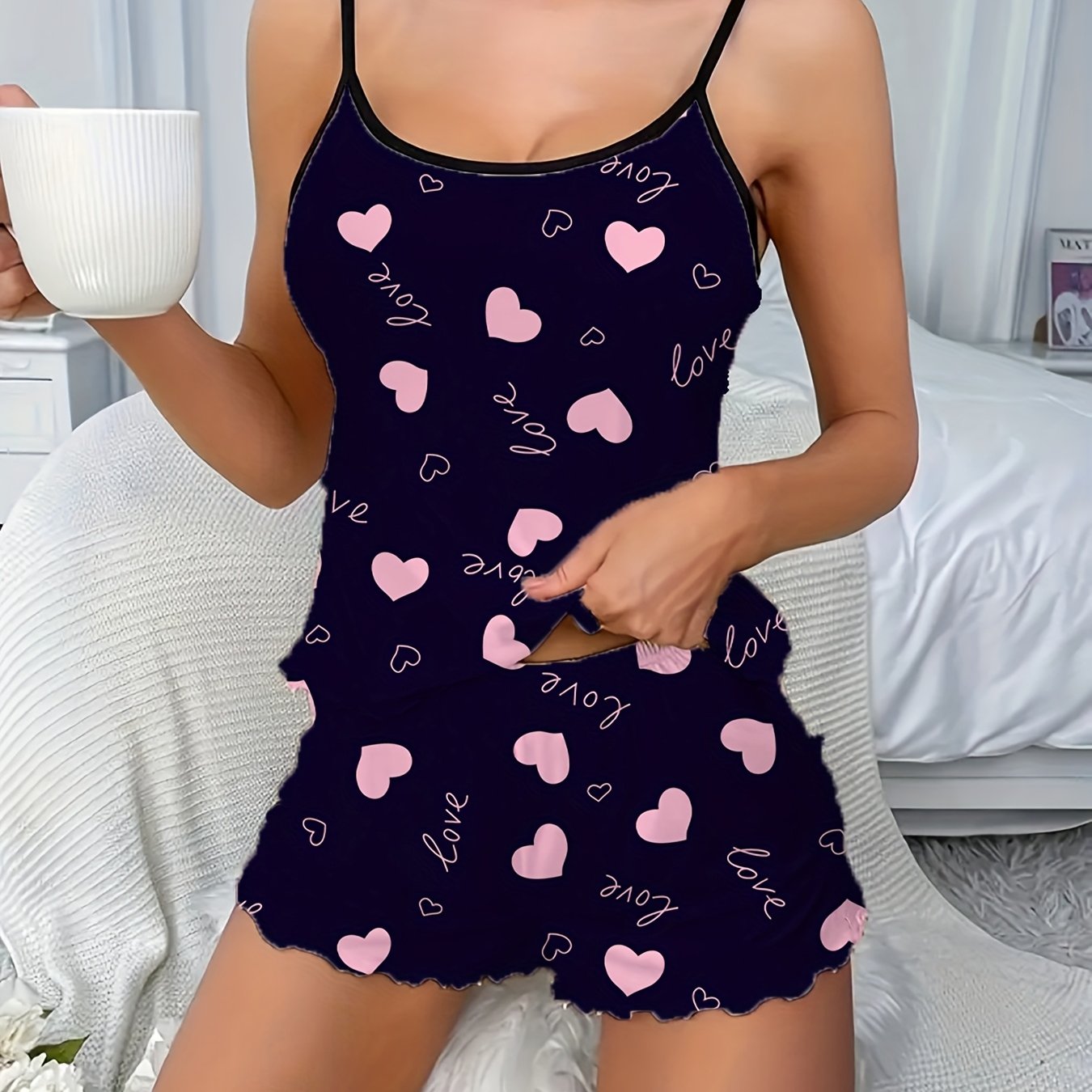 Women's Sleepwear Set Heart Print Frill Trim Backless Cami Top Elastic Shorts