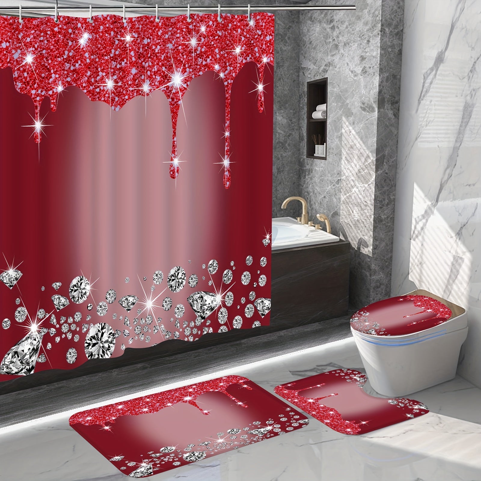 4-Piece Bathroom Set with Diamond Shower Curtain, Non-Slip Rugs, Toilet Cover Mat and Room Partition