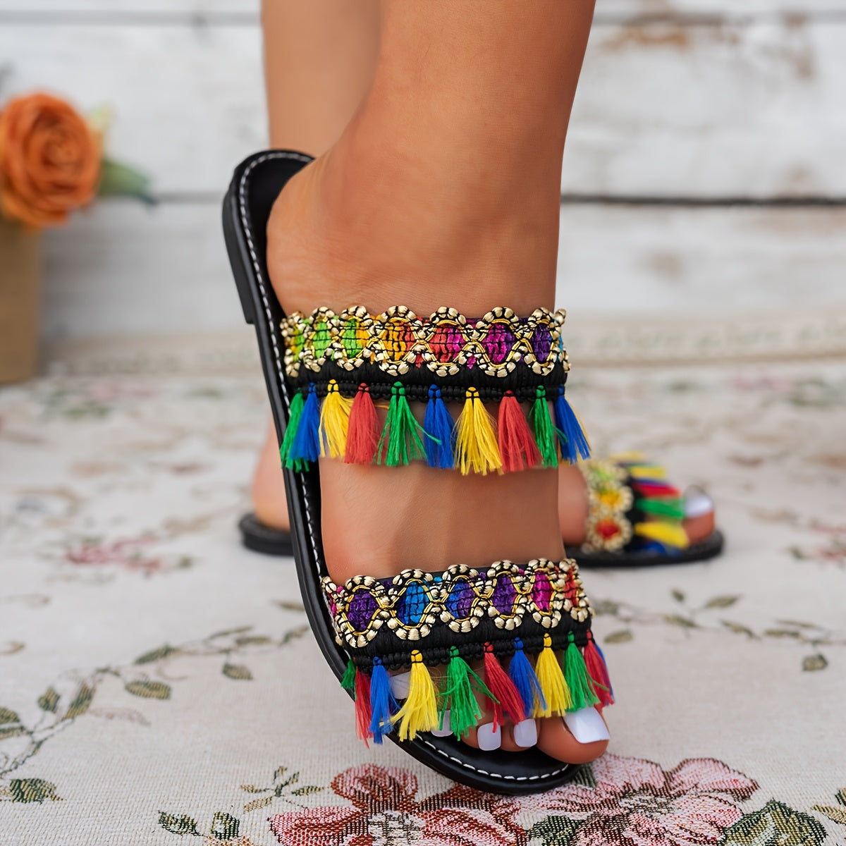 Women's Bohemian Flat Slide Sandals with Tassel Beads for Summer Beach Casual