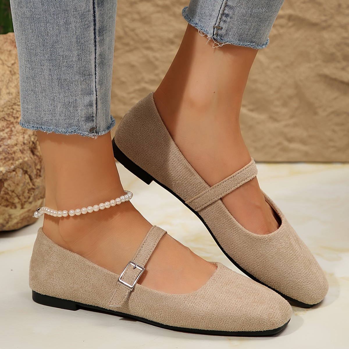 Women's Flat Shoes with Square Toe Buckle Strap Solid Color Spring Comfort