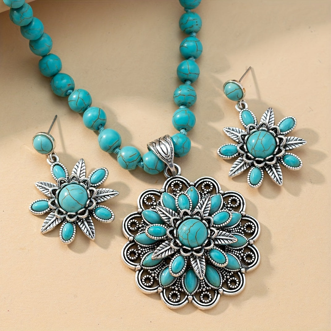 Ushbu qo'l mehnati bilan tayyorlangan zargarlik to'plami uchta bilaguzuk va bir marjonni o'z ichiga oladi, barchasi turkuaz rangli ko'p qatlamli va gullar dizayni bilan. Bu uning kundalik kiyimlariga mos keladigan mukammal sovg'a.