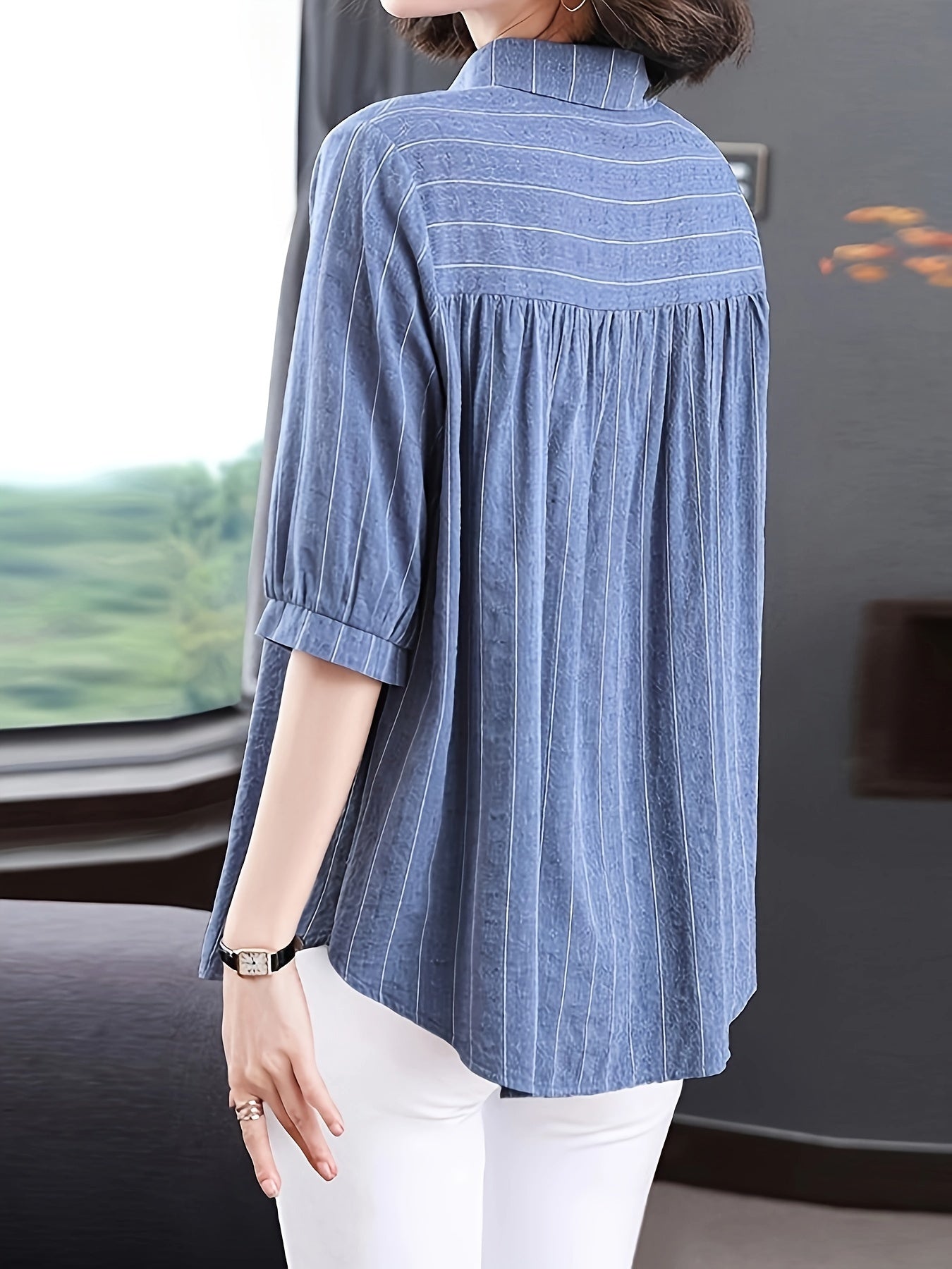 Women's Striped Cotton Shirt with Half Sleeves for Spring and Summer
