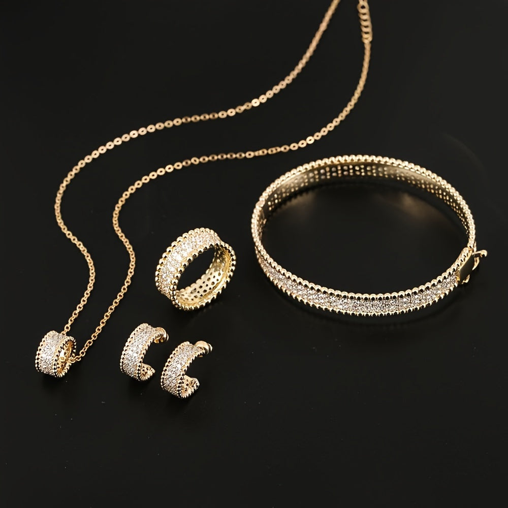 Women's Gold Plated Copper Jewelry Set with Synthetic Zirconia Necklace Earrings Bracelet Ring