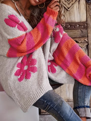 Women's Knit V-Neck Cardigan with Floral Print Oversized Sweater Pink White