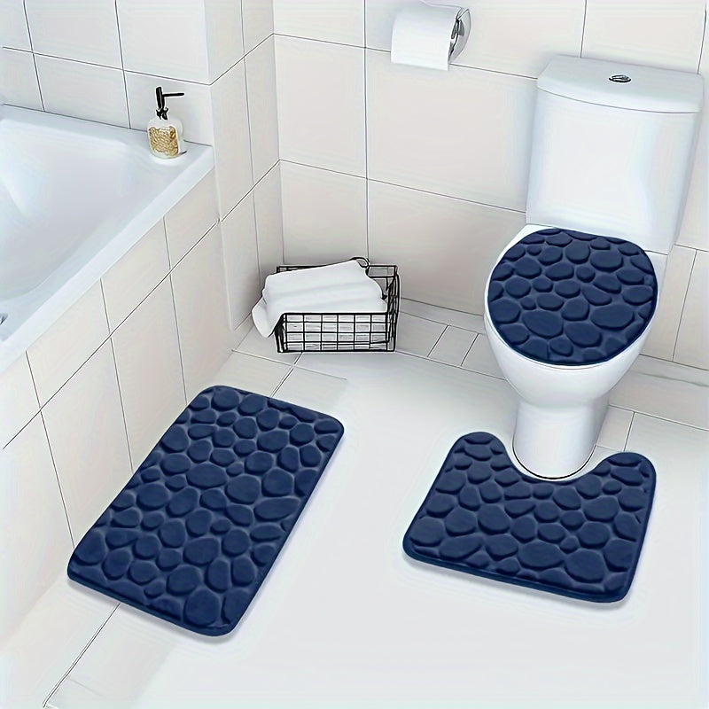Set of 3 Geometric Bath Rugs with Memory Foam Non-Slip Bathroom Mats