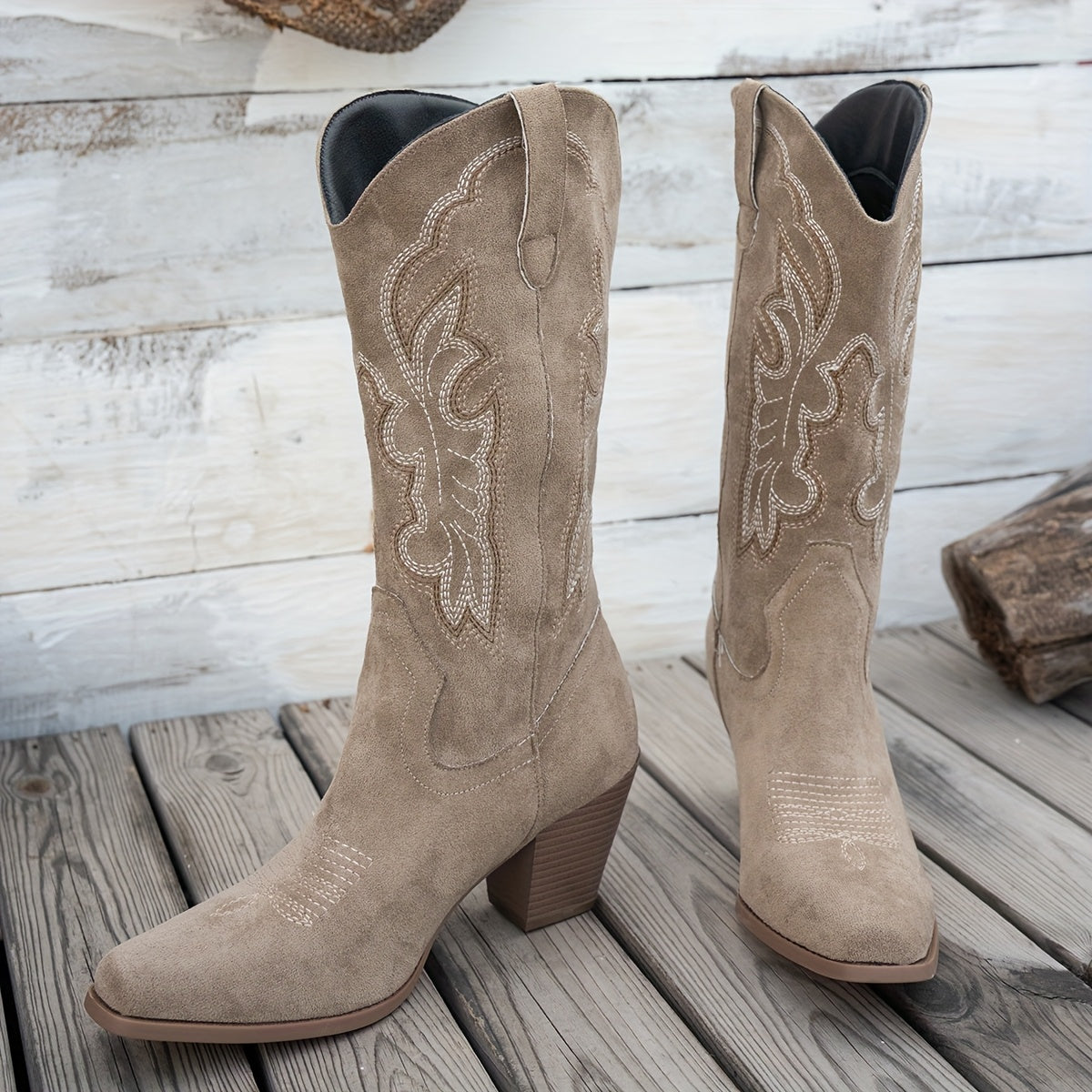 Women's Vintage Western Cowboy Boots Square Toe Mid-Calf Floral Embroidery