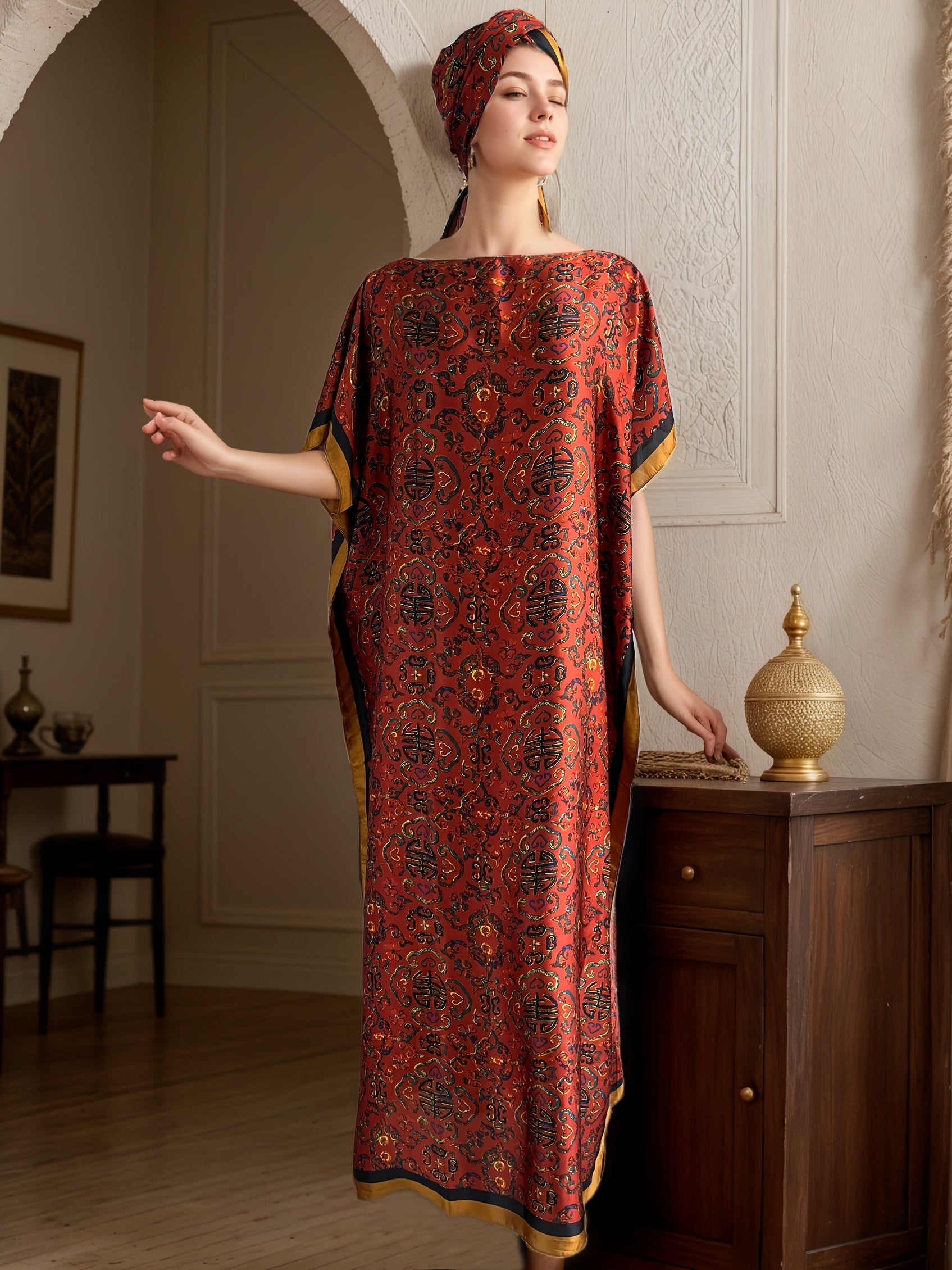 Платье большого размера для женщин с цветочным принтом и шарфом, бордовый с золотым, этнический стиль