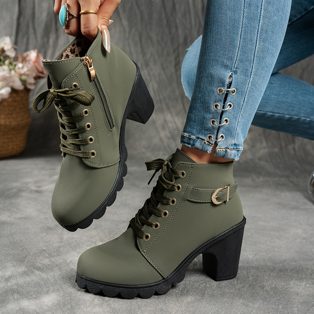 Women's Ankle Boots Faux Cover Side Zipper Chunky Heel All-Season Casual
