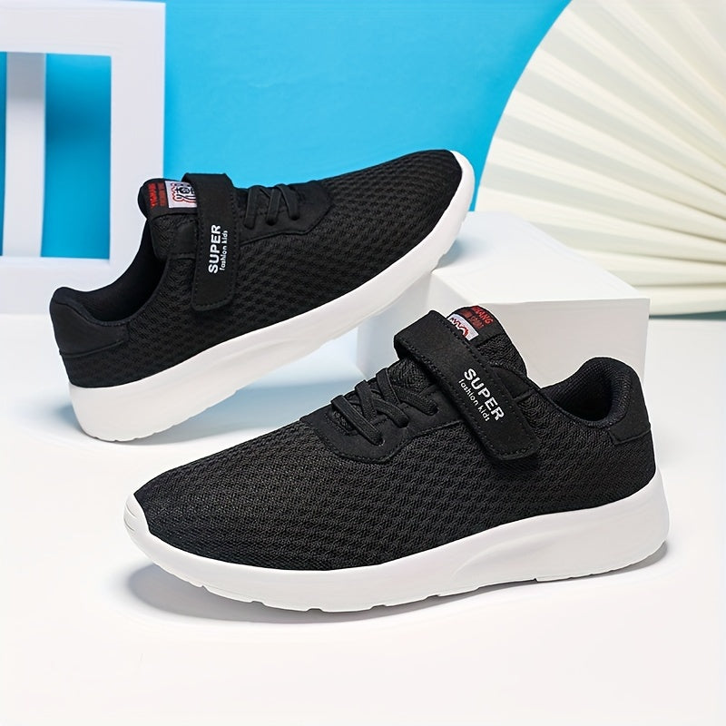 Boys Black Mesh Athletic Sneakers with Hook-and-Loop Strap Non-Slip EVA Sole Sizes 10.5-3