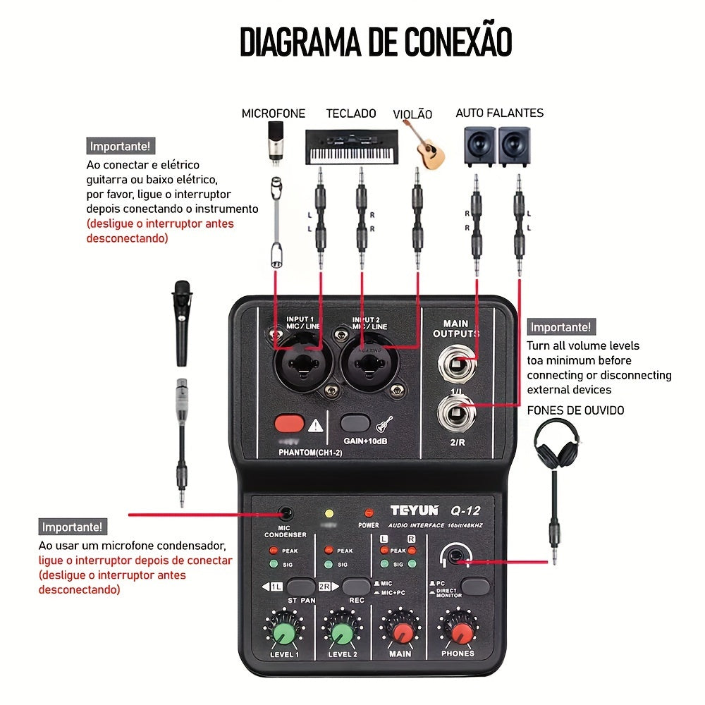 Interfaz de audio USB portátil de 2 canales para grabación de guitarra en negro