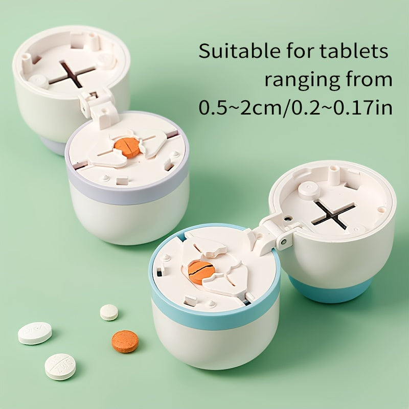 Oson dozajni boshqarish uchun ichki pichoq bilan jihozlangan portativ tabletkalarni kesish va bo‘lish uchun mo‘ljallangan ixcham dori qutisi.