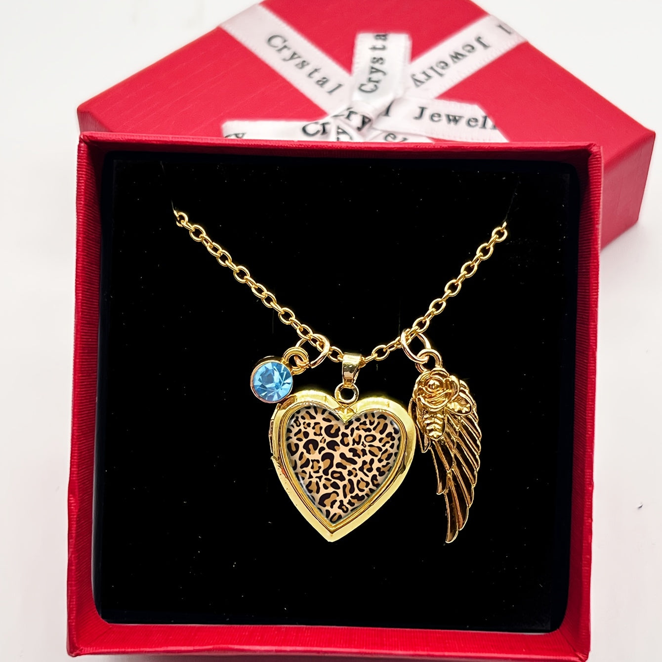 Heart-Shaped Photo Locket Necklace with Leopard Print December Birthstone Rhinestones Copper Gold