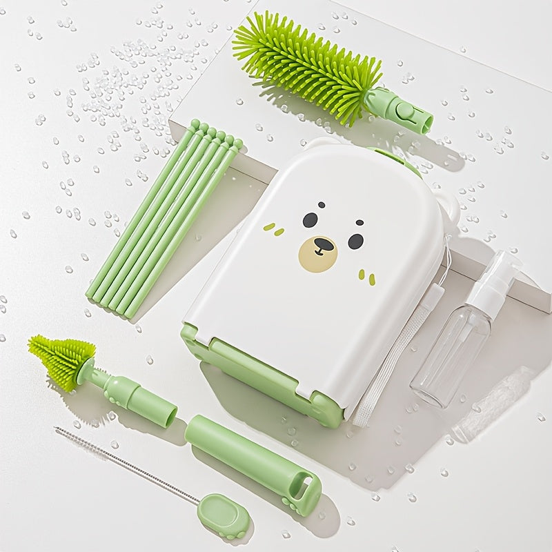 To'plamga maxsus yuvish uchun mo'ljallangan silikon portativ shisha cho'tkasi, drenaj tayoqchasini saqlash qutisi, sayohat tozalash cho'tkalari to'plami va teddy ayiq portativ tozalash cho'tkasi kiradi.