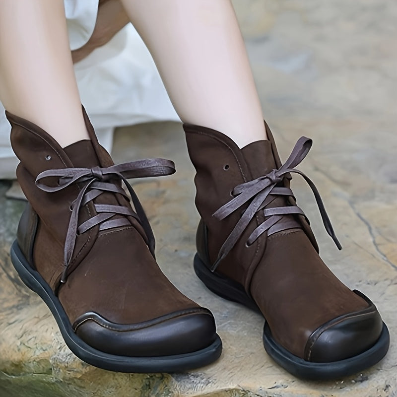 Women Leather Ankle Boots Casual Lace-Up Rubber Sole Winter Solid Color