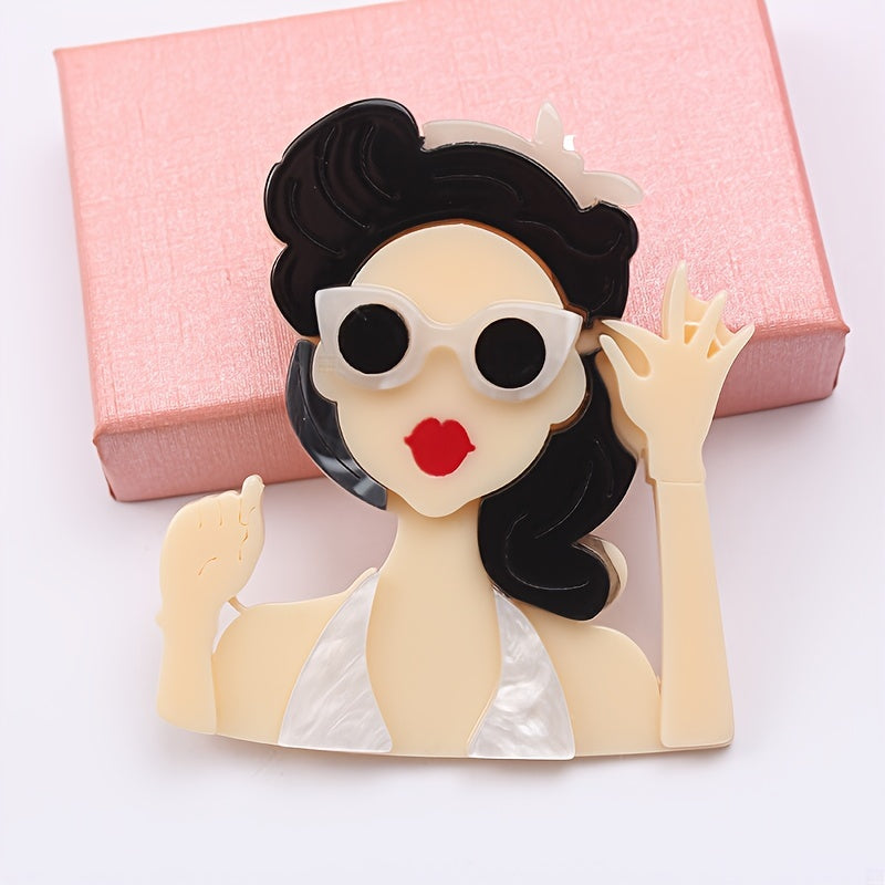 Vintage uslubidagi akril pin, kiyim aksessuarlari uchun mukammal retro ko'zoynakli ayol boshli pendant