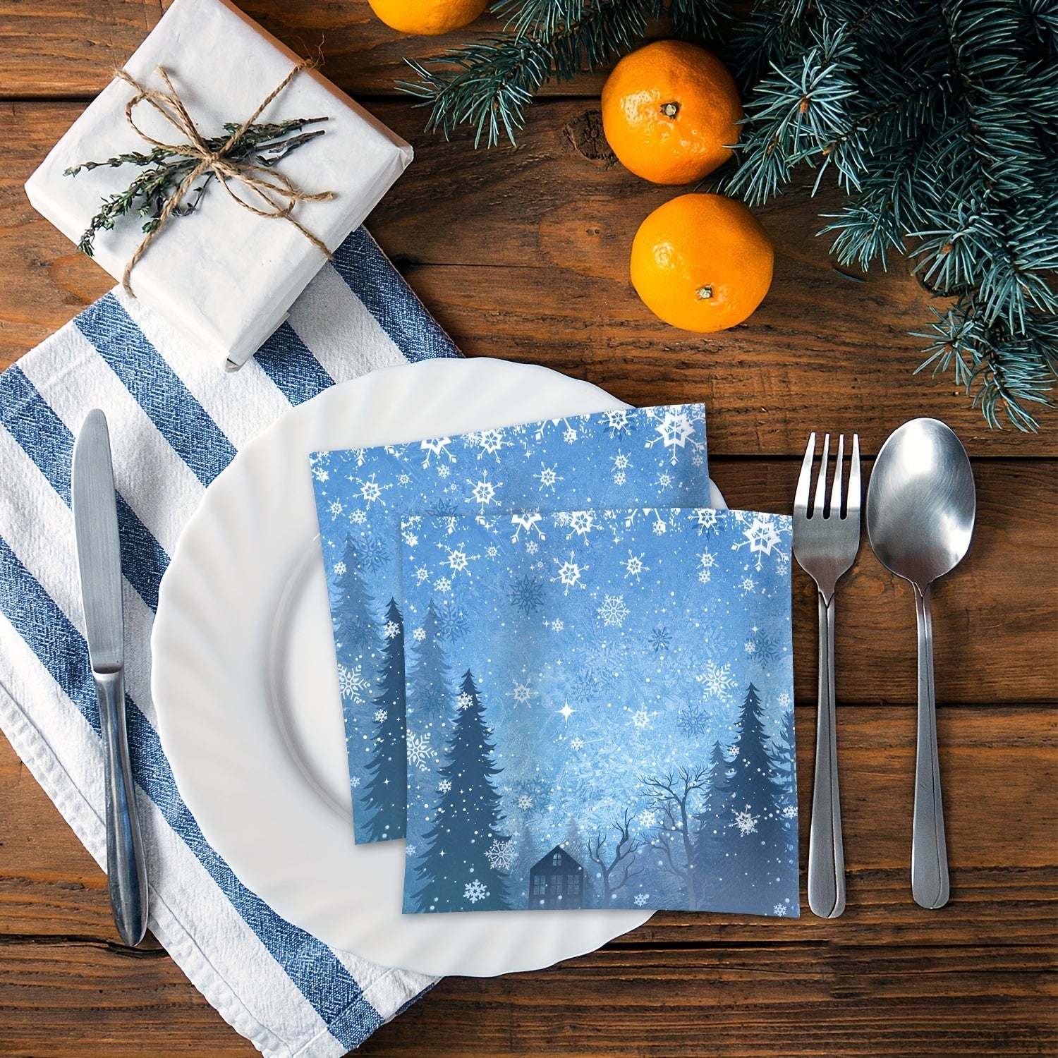 Set of 20 Blue Snowflake Paper Napkins for Winter Christmas or Birthday Party