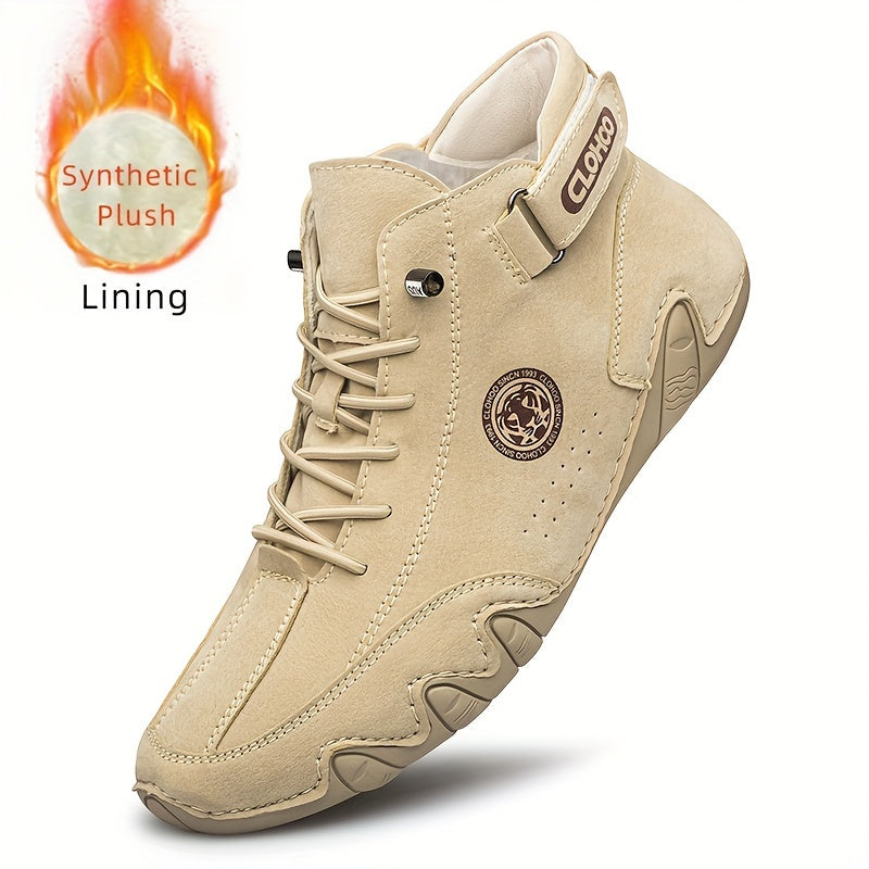 Men's Short Boots with Plush Lining and Hand-Stitched Octopus Design Casual PU High-Tops for All Seasons