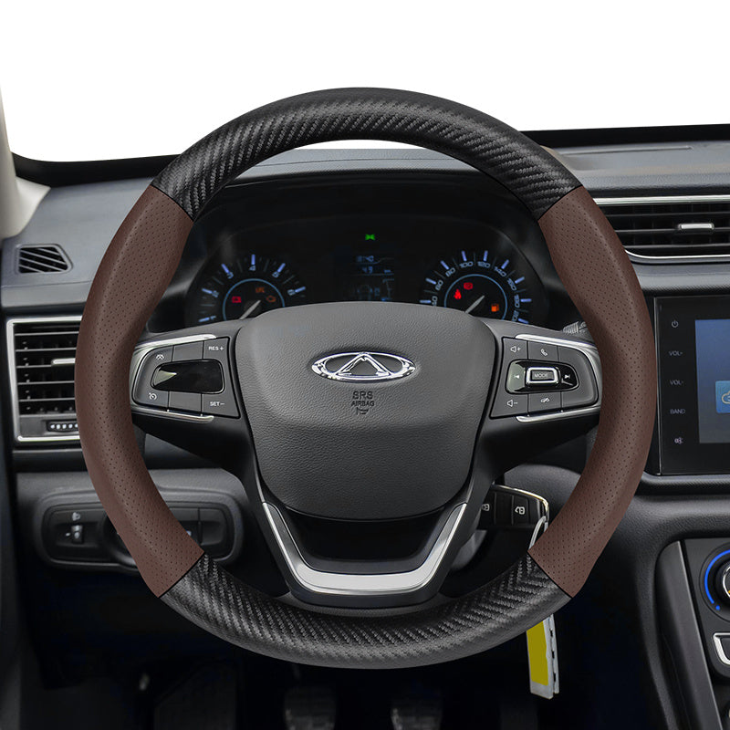 Leather Steering Wheel Cover Carbon Fiber Textured Breathable Black Burgundy Mocha Orange
