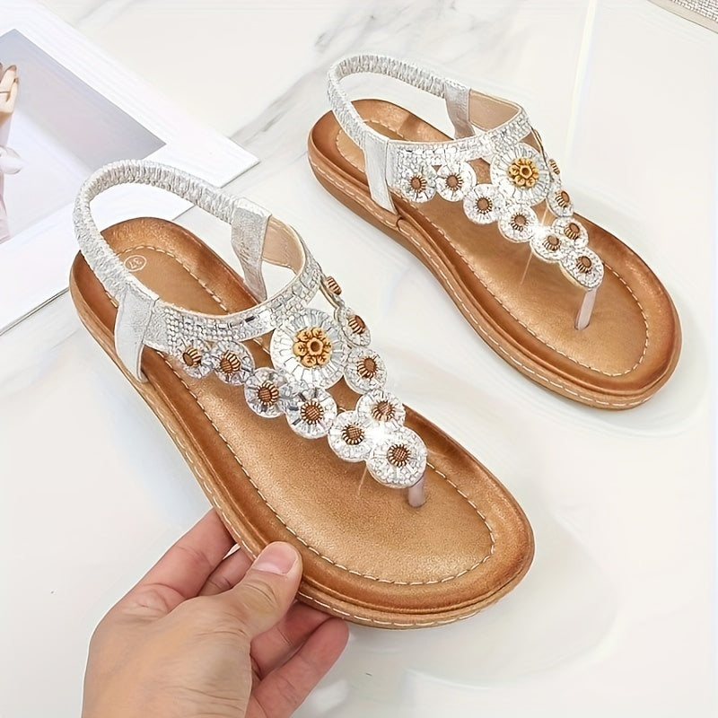 Ladies Flat Sandals With Floral Embellishments and Open Toe