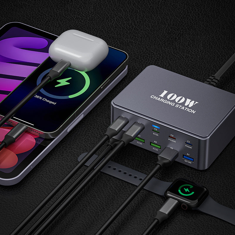 Cargador rápido USB C 100W GaN, concentrador de 10 puertos para iPhone, iPad y dispositivos Samsung