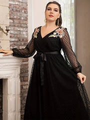 Vestido de encaje para mujer talla grande con escote en V y manga larga, ropa de noche bordada