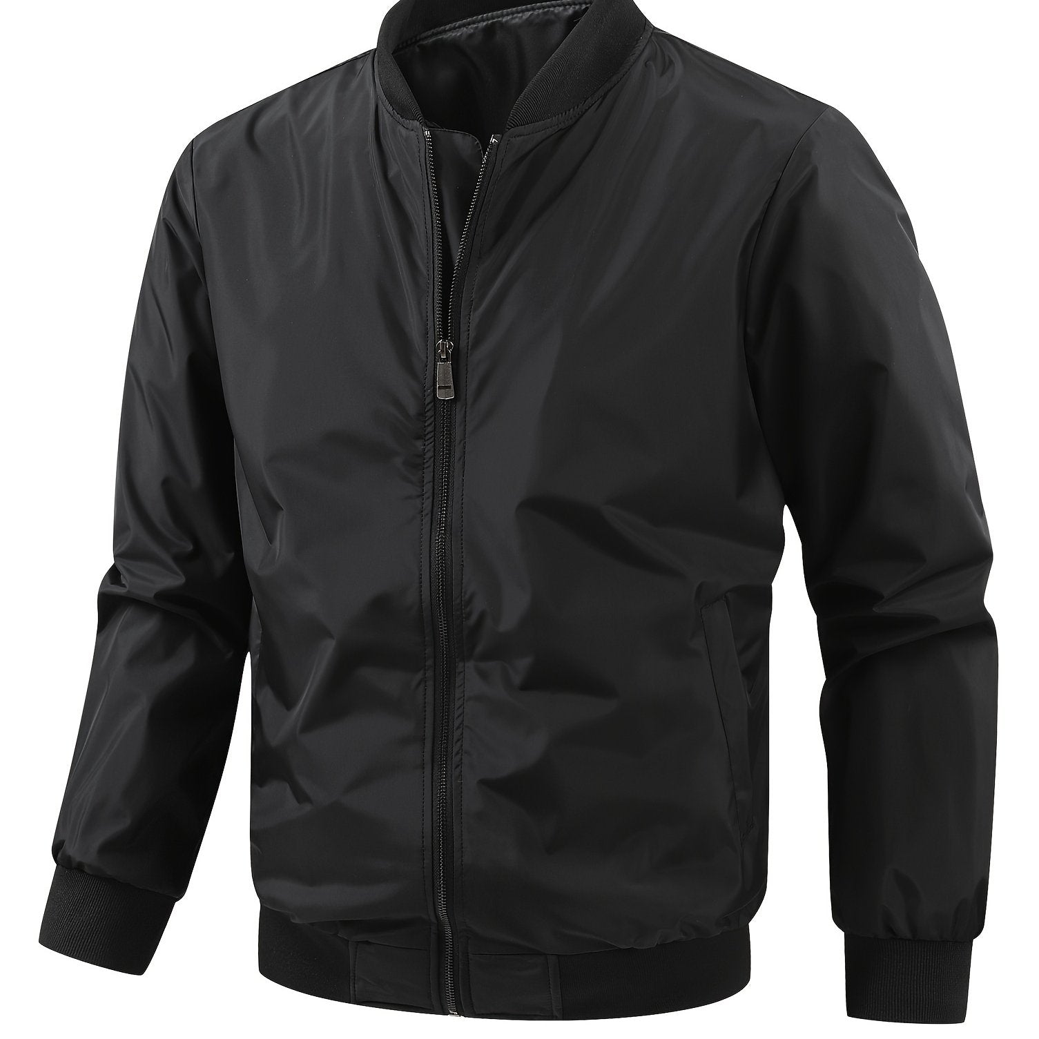 Men's Plus Size Lightweight Black Bomber Jacket with Stand Collar and Zip Closure