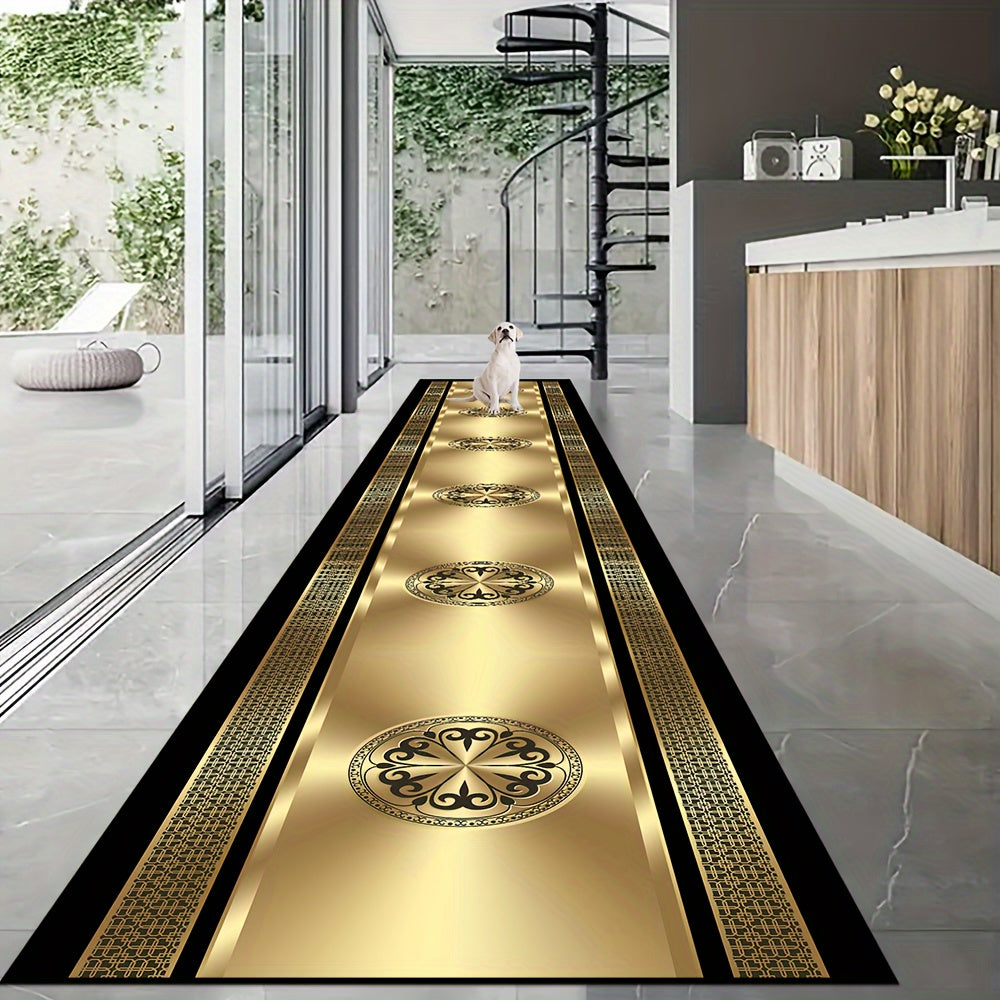Yevropa uslubidagi mehmonxona kirish gilamasi, oltin naqshli, dog'ga chidamli velur