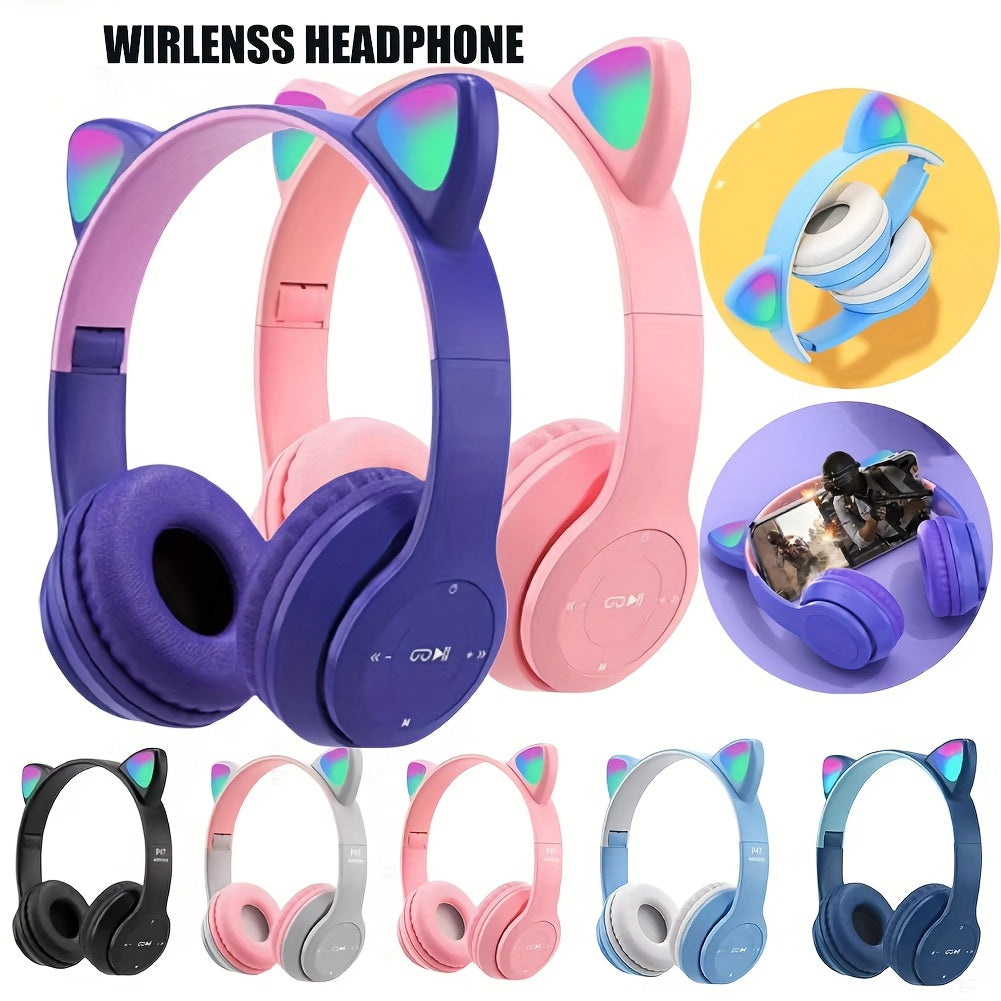 Wireless Cat Ear Headphones with LED Lights Stereo Wireless Headset for Phones and Tablets