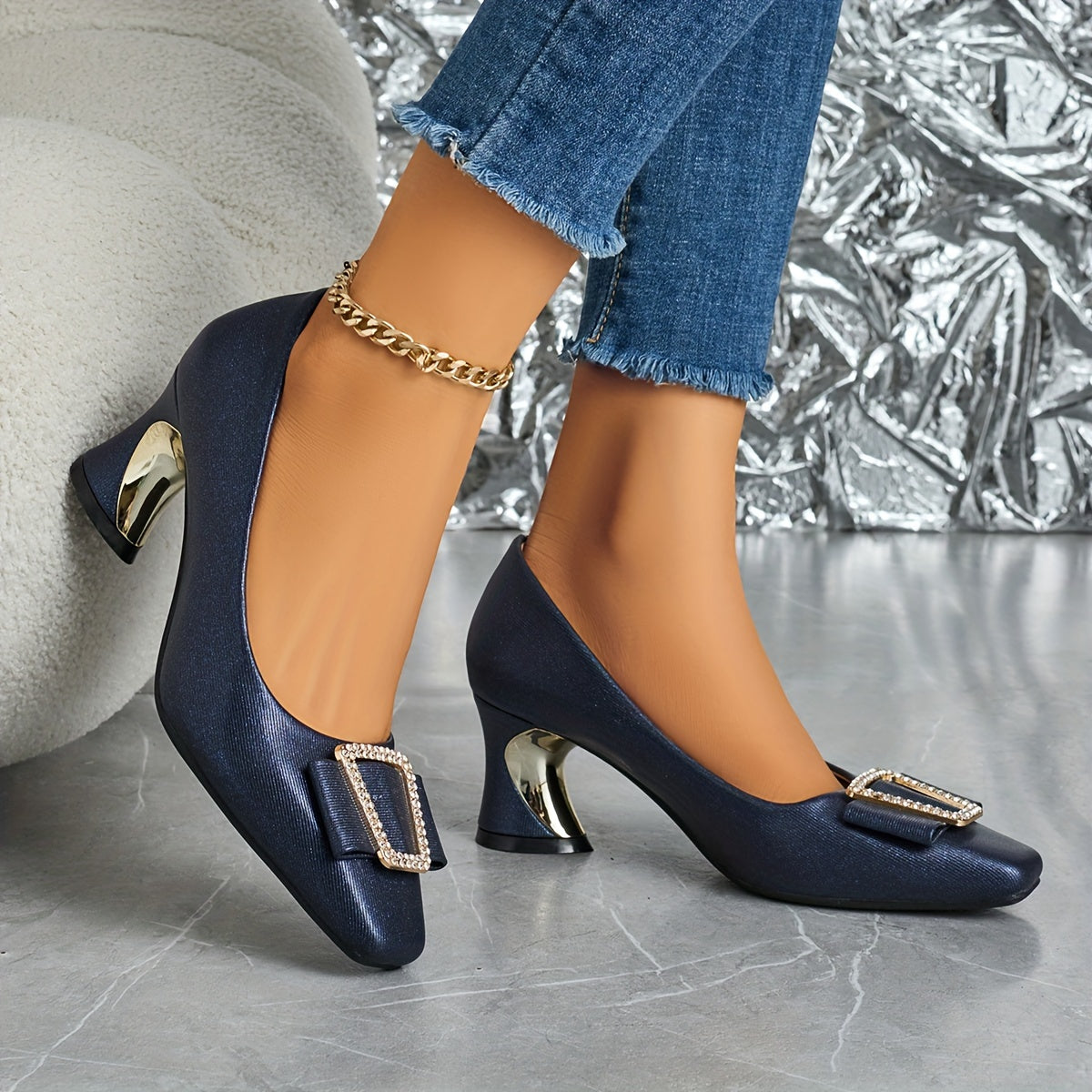 Ladies Small Square Toe Buckle High Heels, Comfortable Thick Heels