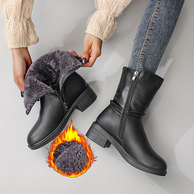 Women's Winter Boots Faux Cover Upper Slip-Resistant Mid-Heel Black