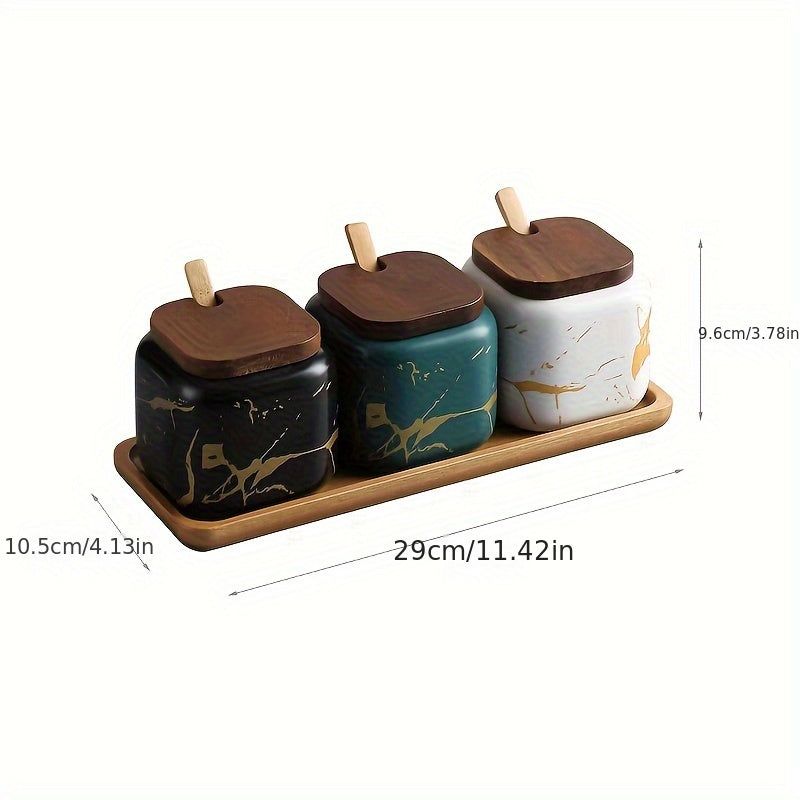 Ceramic Spice Set with Salt and Pepper Jars and Wooden Lids for Kitchen Decor