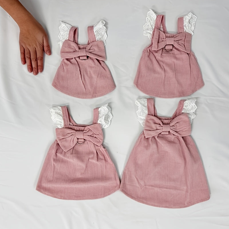 Dog Dress Small Breed Corduroy Bow Lace Sleeves Leash Ring Autumn Winter