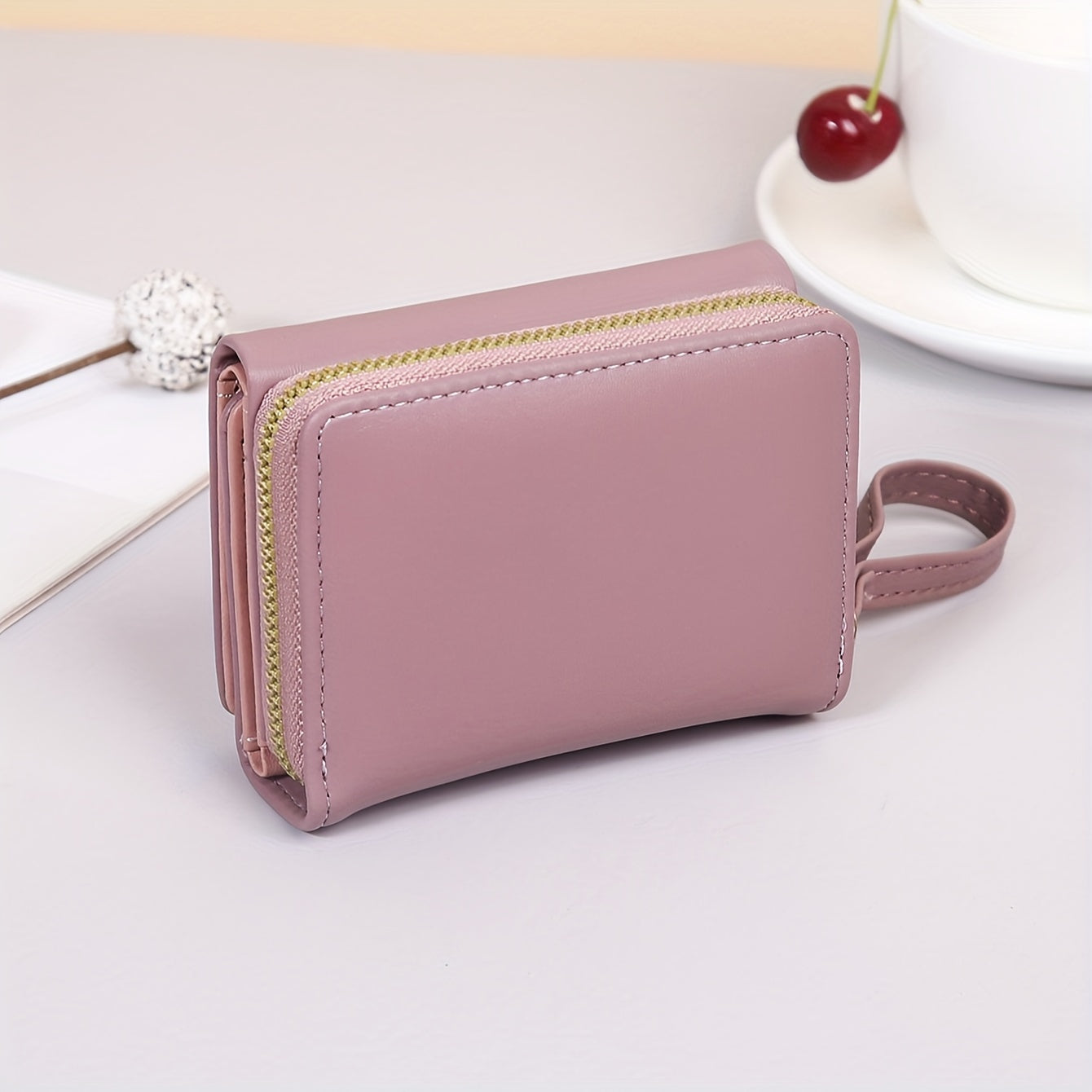 Men's Black PU Tri-Fold Wallet with Card Slots and Buckle