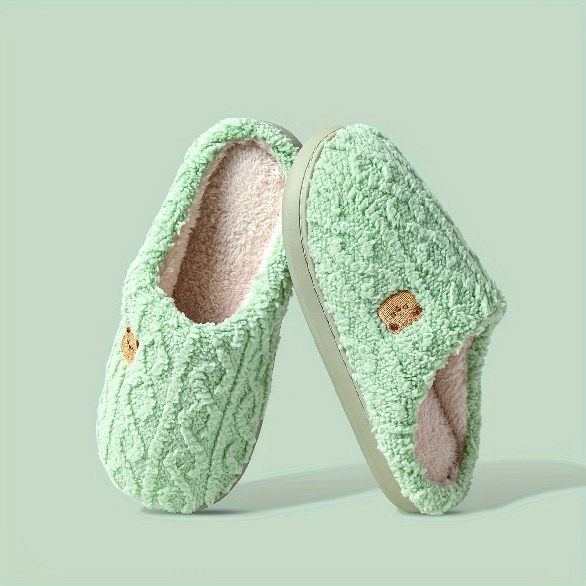 Women’s Slippers Soft Fabric Warm Winter Slip-Ons with Bear Print