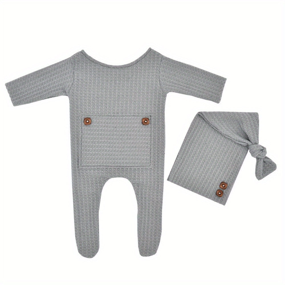 Newborn Baby Boy Clothes Set Long Sleeve Knitted Romper Beanie Photography Props