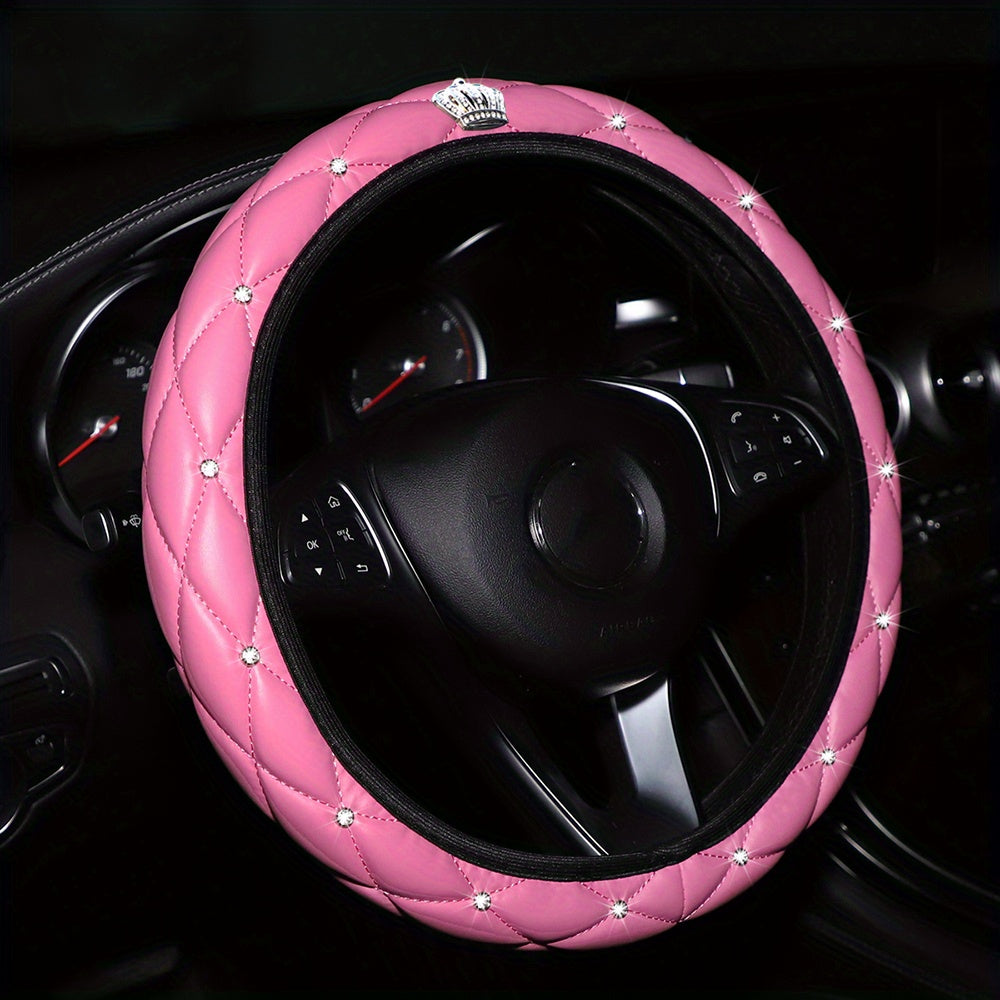 Women's Glittering Artificial Diamond PU Leather Steering Wheel Cover Soft Comfort